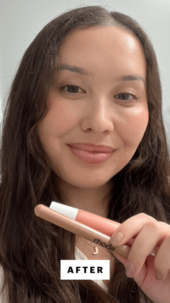 Malzahn after applying the Rhode Peptide Lip Shape in Balance Anfisa Skin ÂnGloss Ceramide Lip Tint in Angel Food