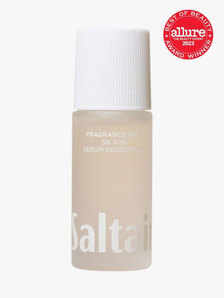 Saltair 5% AHA Serum Deodorant Fragrance Free off white bottle with white top on light grey background